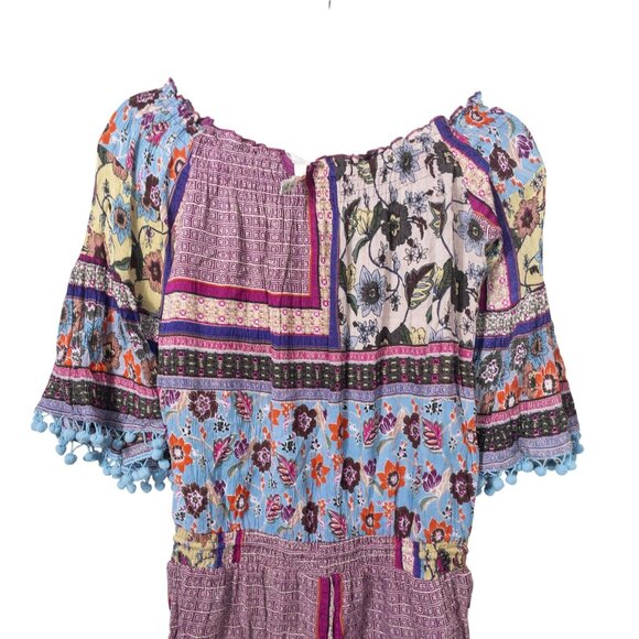 Raga Anthropologie Purple Floral Romper With Tassel Tie Belt SZ S Boho - Picture 3 of 9